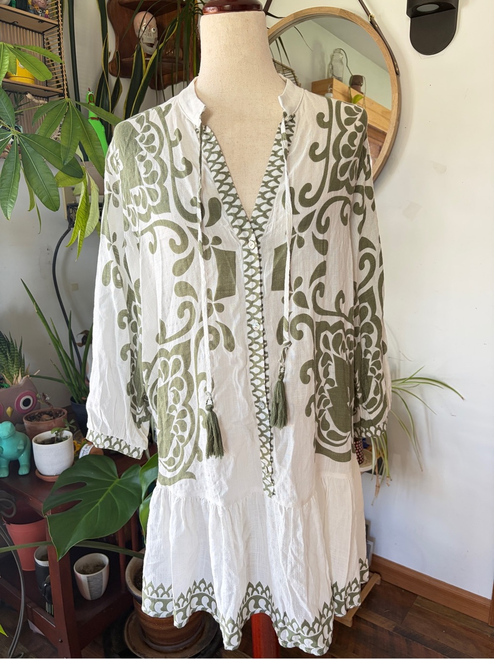Zara Ecru Khaki Rustic Printed Mini Dress XL Boho Tassel Tunic Cottagecore‎
